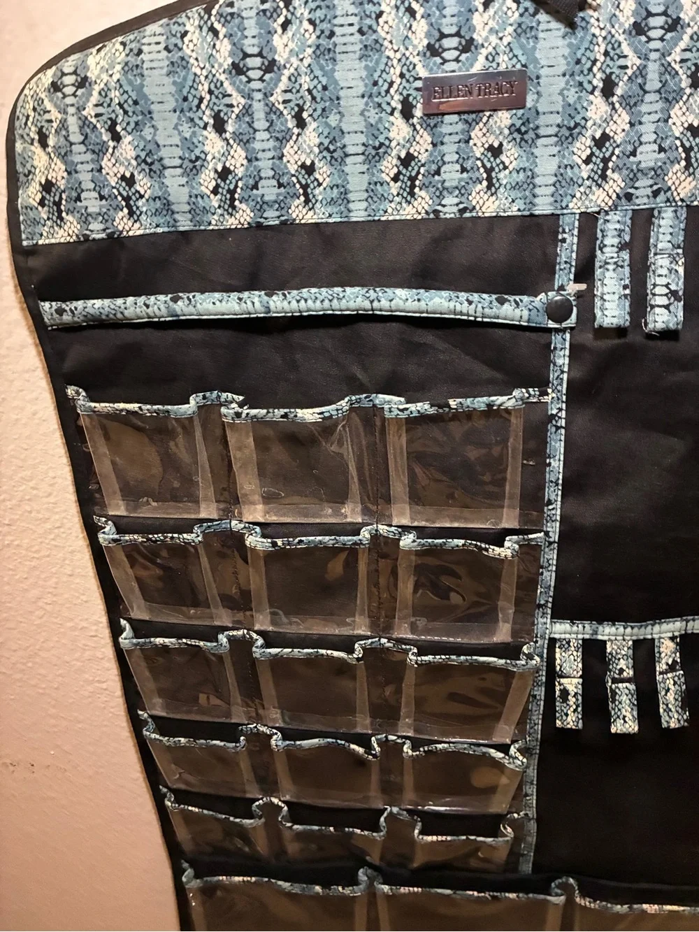 Ellen Tracy Hanging Jewelry Organizer Blue And Black Cotton/ Clear Plastic